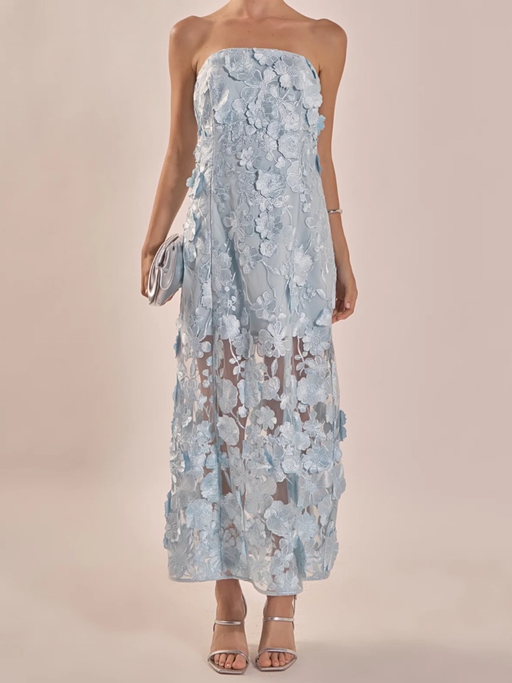 Strapless Floral Embroidered Maxi Dress - Light Blue